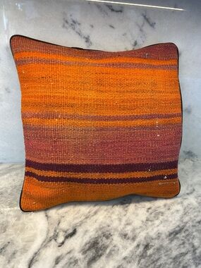 Handwoven Orange and Rust Striped Accent Pillow -